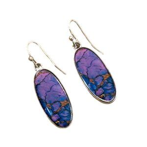 Oval Blue & Purple Imitation Stone Dangle Earrings Silver Tone